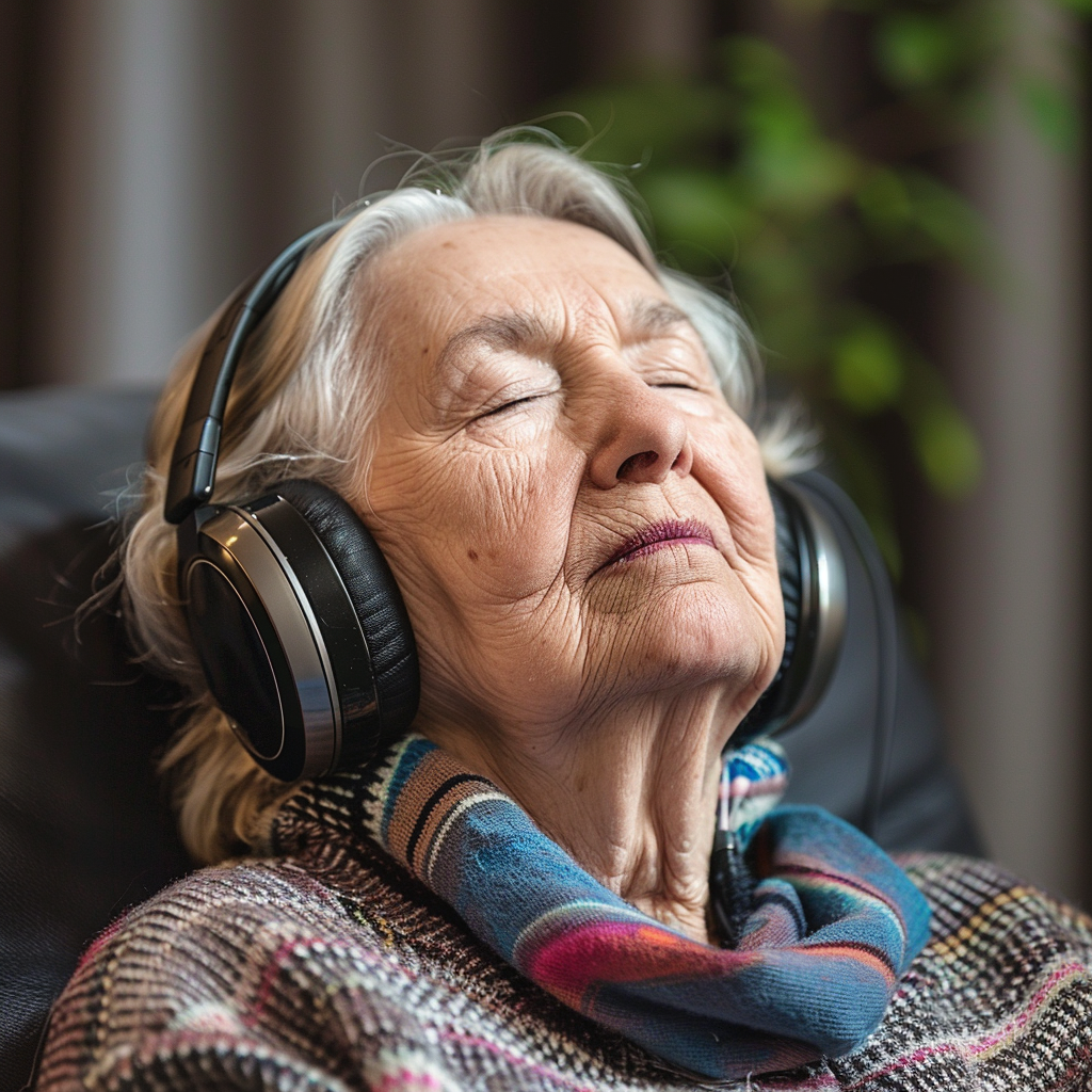 An elderly woman with her eyes closed wearing a sweater and scarf, with headphones over her ears