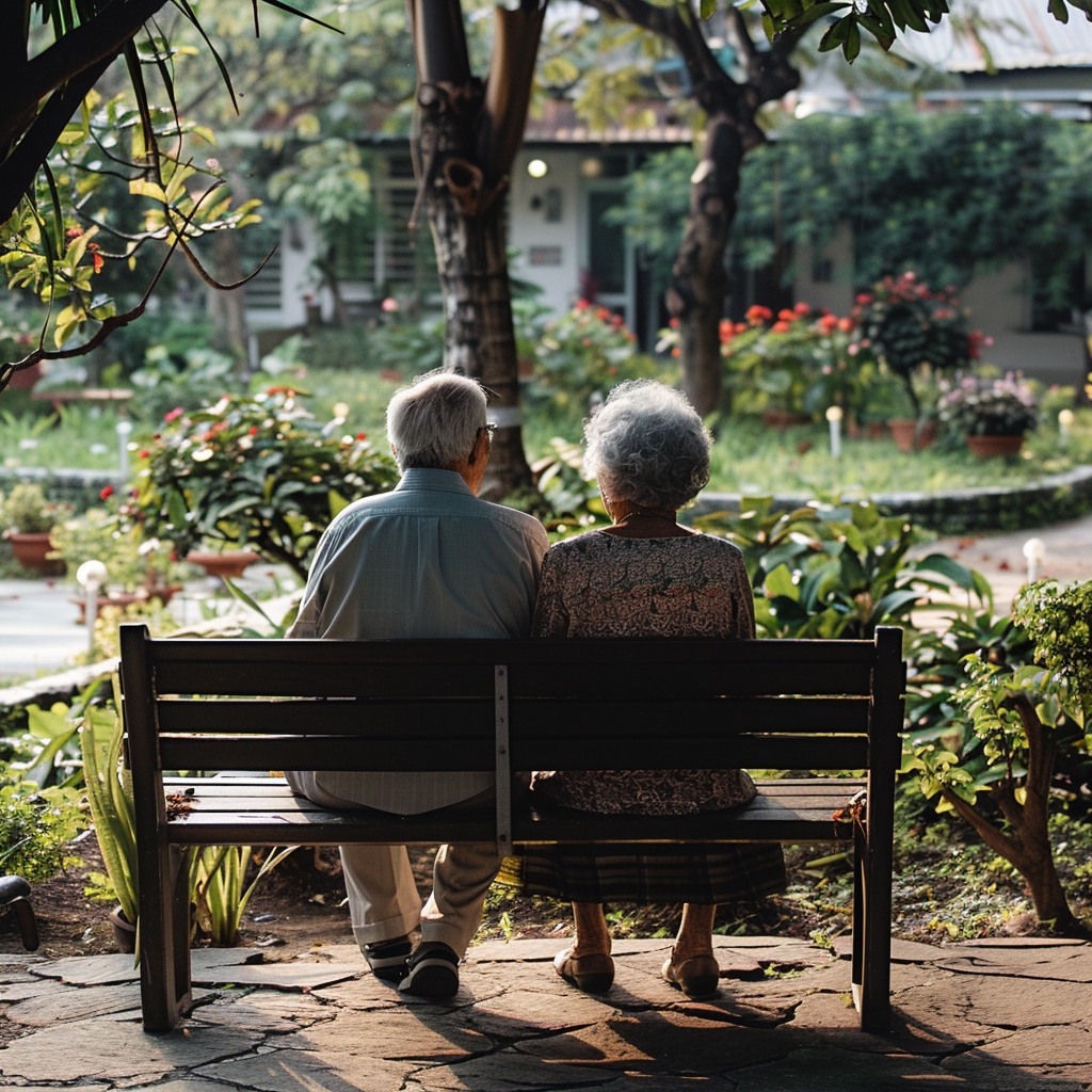 An elderly couple with backs turned to the camera sitting on a bench in a beautiful garden.