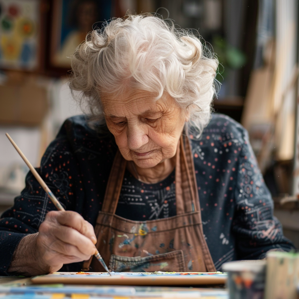 An elderly woman sitting and creating art. She holds a paintbrush in her right hand.
