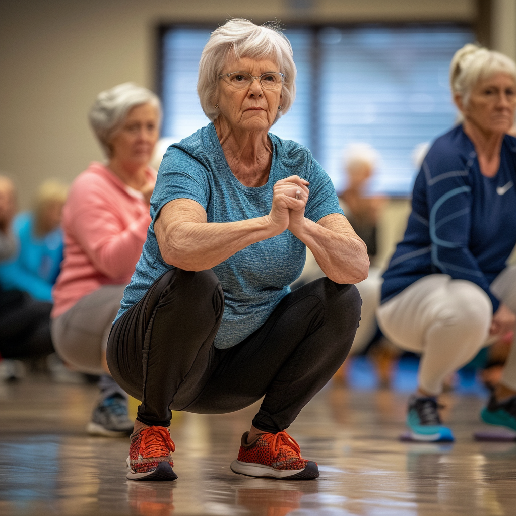 An elderly woman performing a squat exercise in an exercise class. Depict preventing falls in seniors