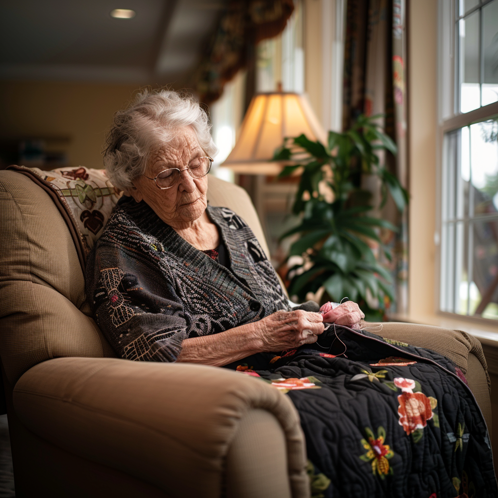 A senior woman, sitting on a comfortable chair in an assisted living center, sewing. This depicts a sewing technique.