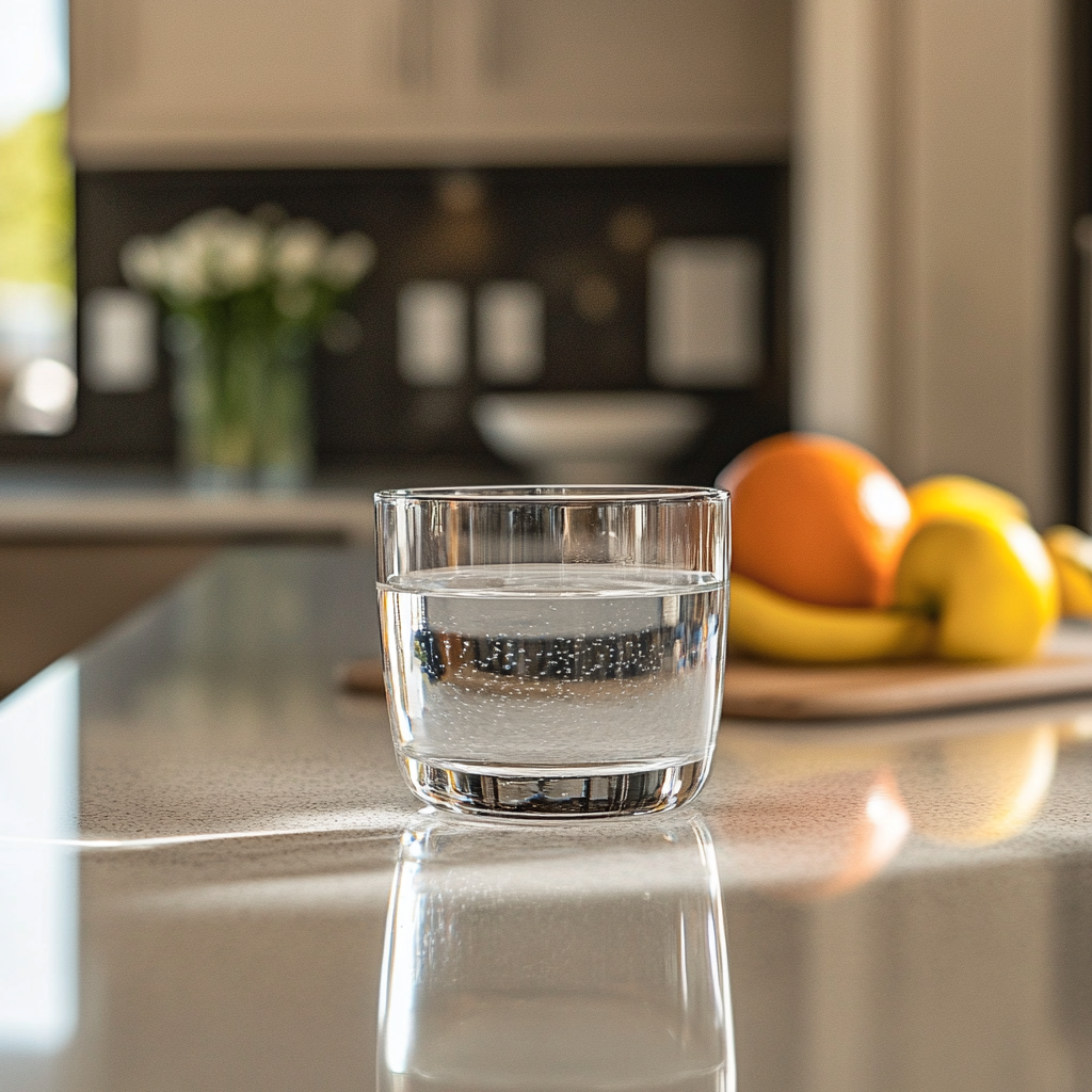 A glass of water on a countertop, with some fruits in the background depicting hydration