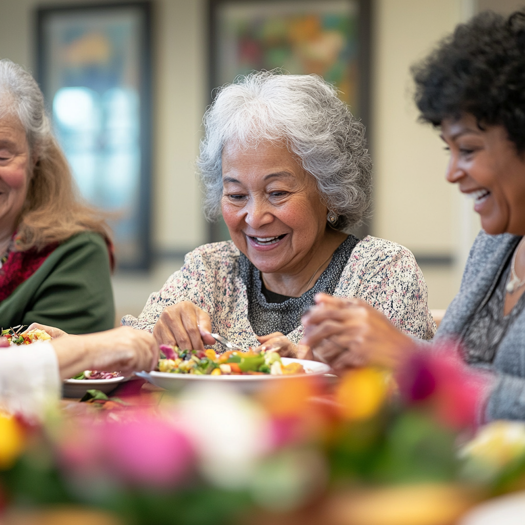 Elderly women of various ethnicities smiling and dining. Shows the power of cultural competence in assisted living.