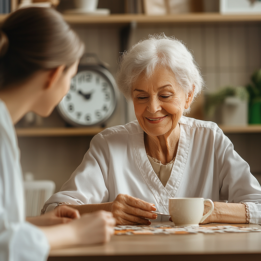 An elderly woman sits and works through a puzzle with a cup on the table as well and a caregiver sitting with her. Depicts routine in memory car.