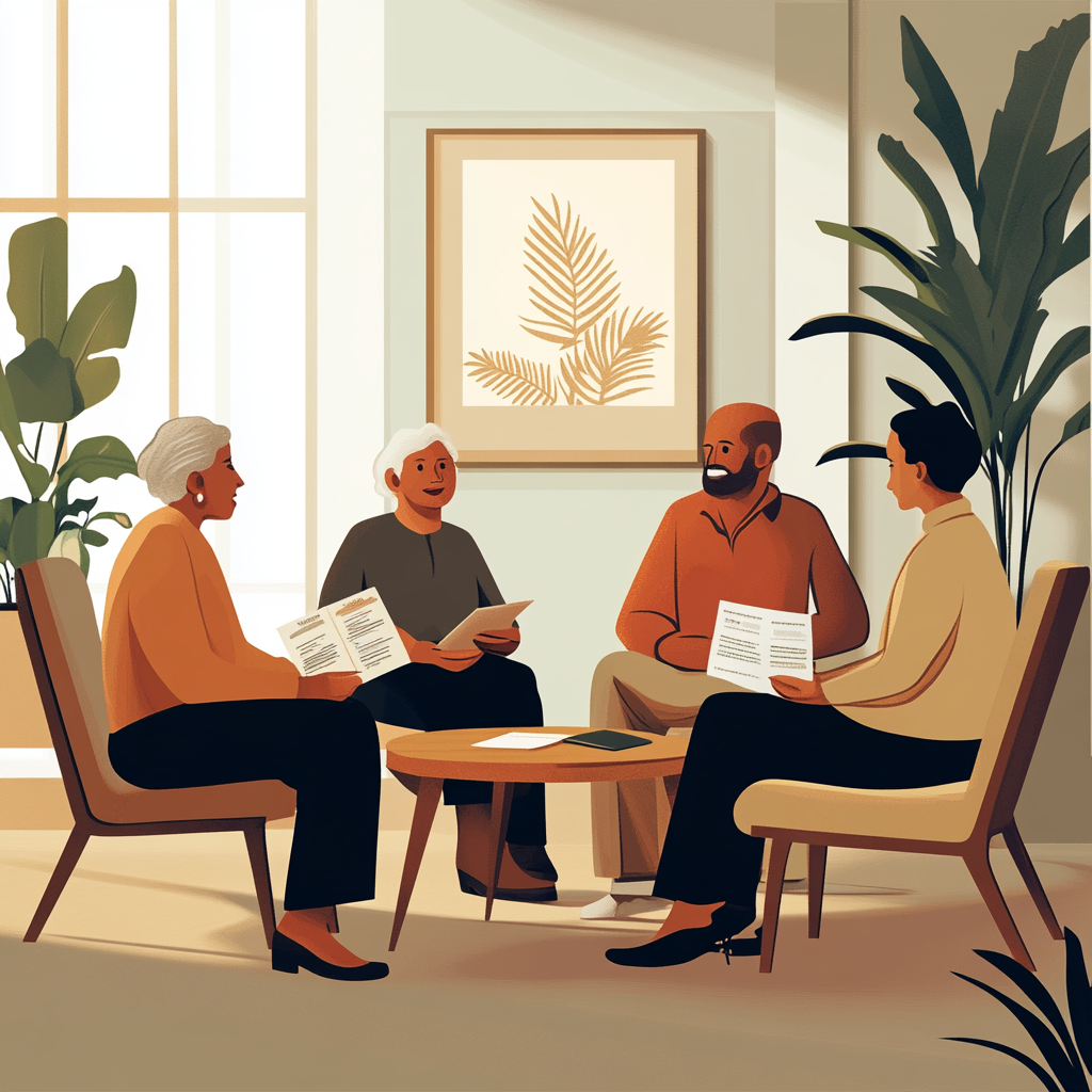 An illustration of people sitting around a table, brochures in hand. Depicts the top questions to ask of an assisted living community