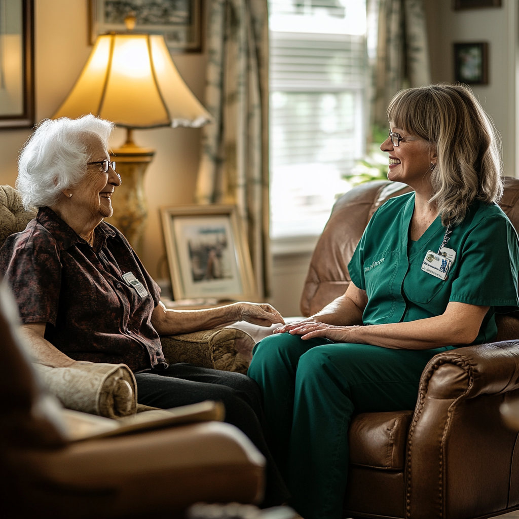 A caregiver and resident sitting and speaking, both are smiling. Depicts individualized care in assisted living.