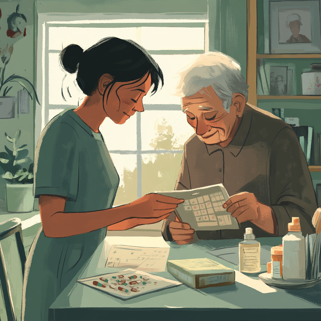 Animation of an adult child helping their aging parent. There are medications on the table, and they are looking at a calendar. Depicts signs a parent may need memory care support.