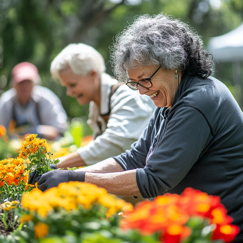 Elderly women working in a flower garden, smiling. Depicts volunteer opportunities for seniors.