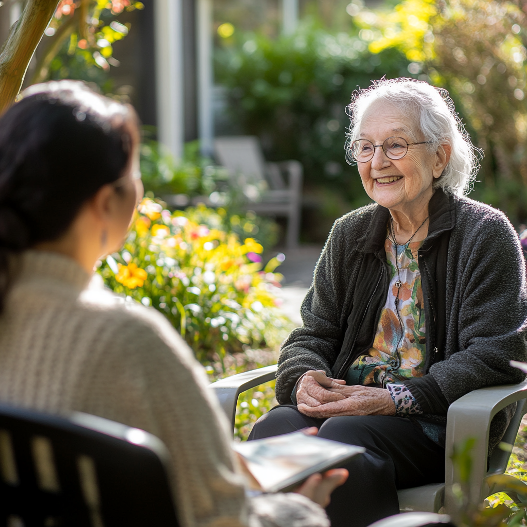 An elderly woman sitting in a garden with a caregiver. She looks comfortable and is smiling. Depicts the importance of creating a safe environment in dementia care.