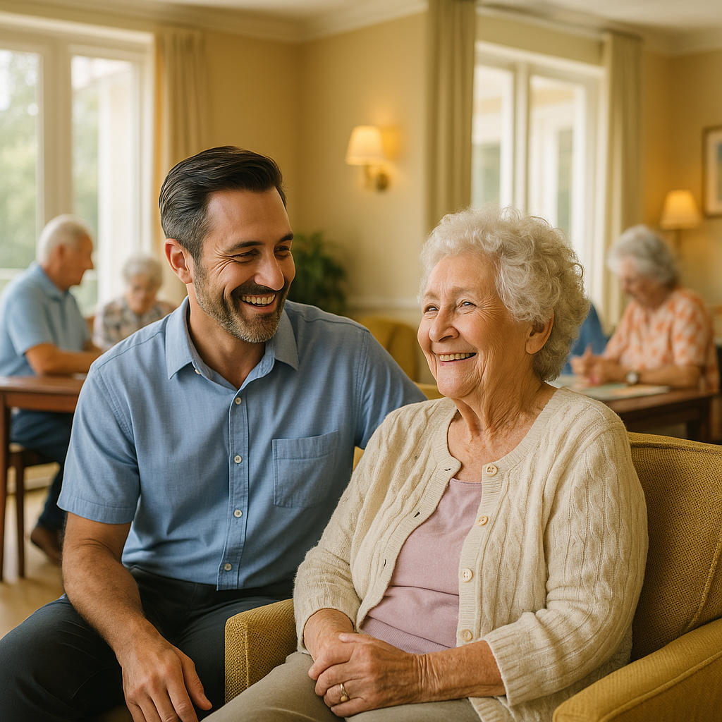 A caregiver and an elderly woman sitting together, smiling in a bright assisted living community common room with other residents engaging in activities in the background.