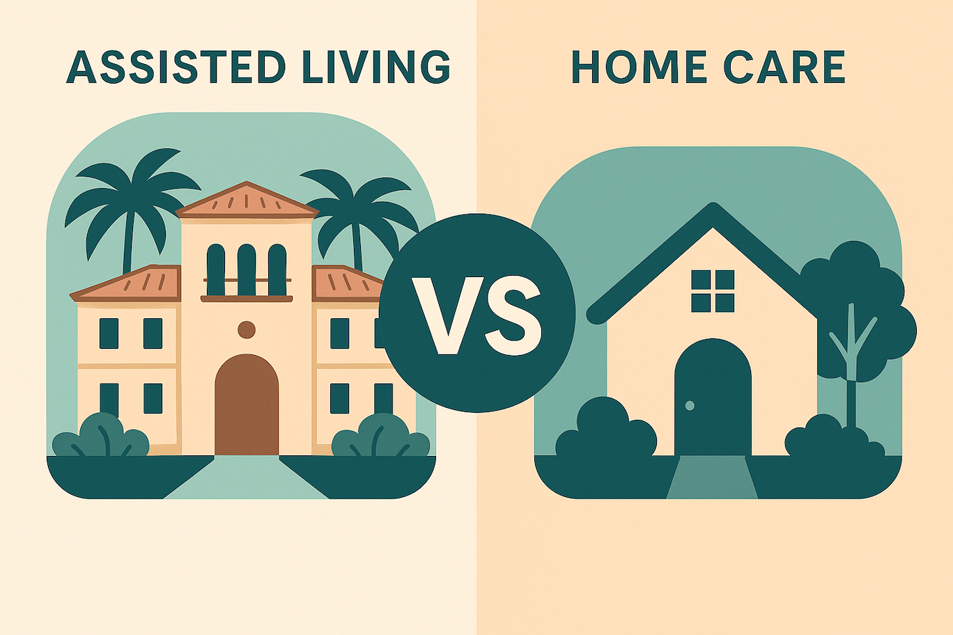 A flat-style illustration showing a symbolic comparison between assisted living and home care, with a senior living building on one side and a house on the other, divided by a central line.