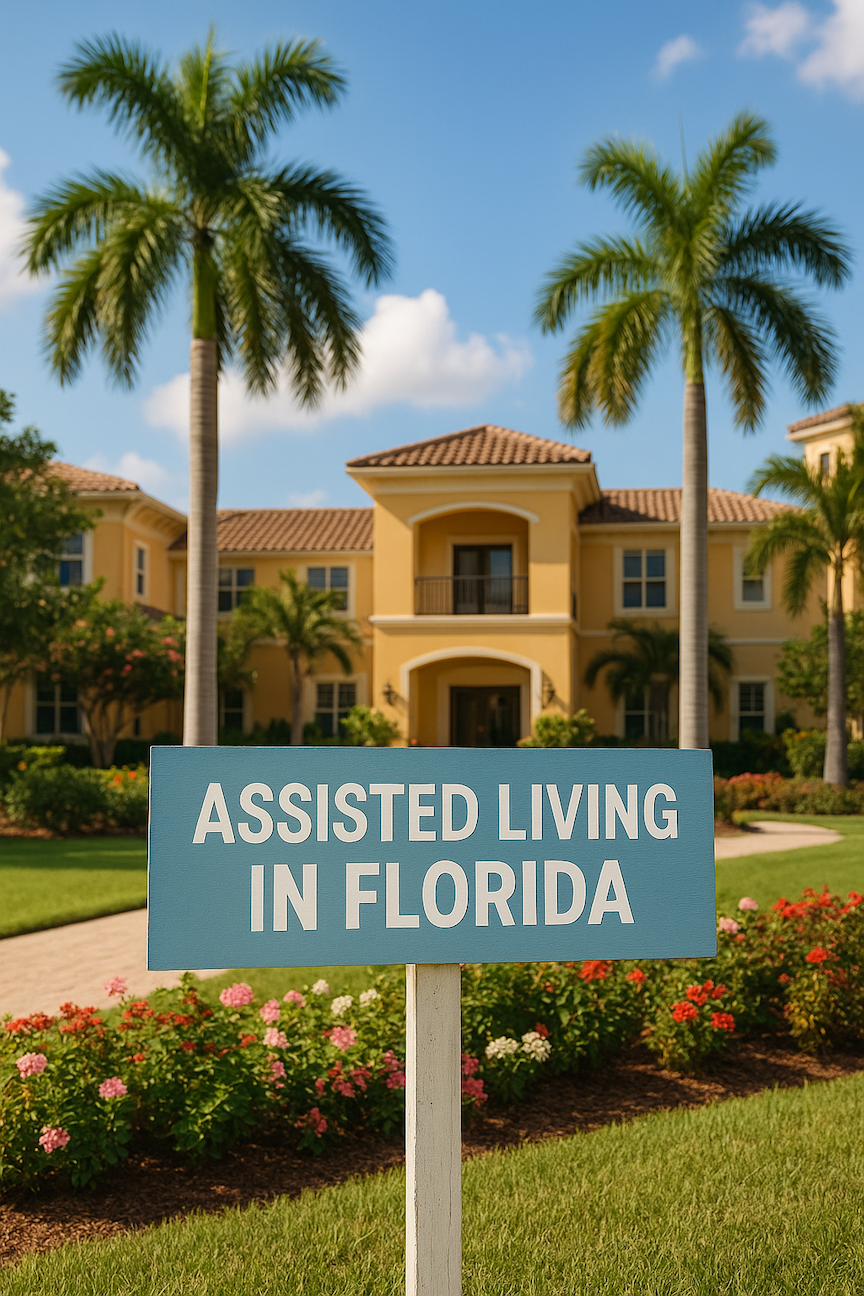 A welcoming Mediterranean-style assisted living building in Florida, surrounded by palm trees, flower beds, and a sunny blue sky.