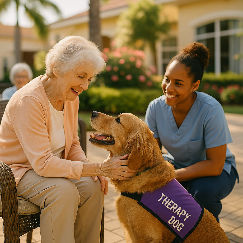 Elderly woman gently petting a golden retriever in a sunny assisted living room, capturing the emotional comfort of pet therapy.