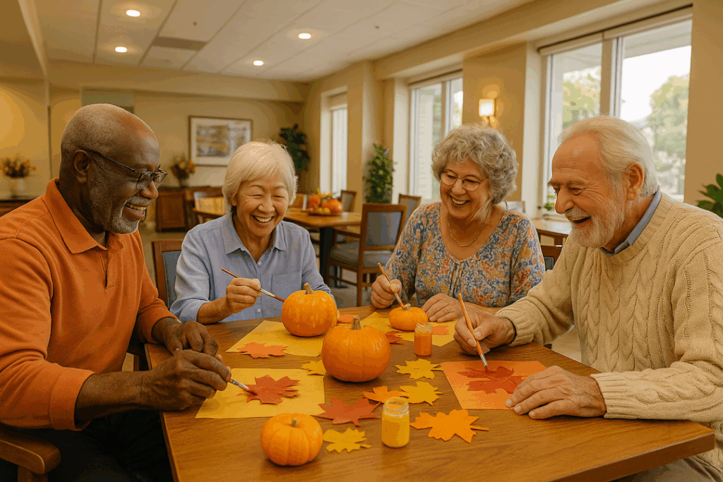 Diverse group of seniors laughing while doing fall craft activities including pumpkin painting and leaf art at a modern assisted living facility table with autumn decorations