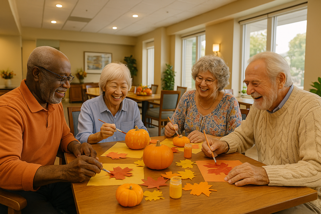 Diverse group of seniors laughing while doing fall craft activities including pumpkin painting and leaf art at a modern assisted living facility table with autumn decorations