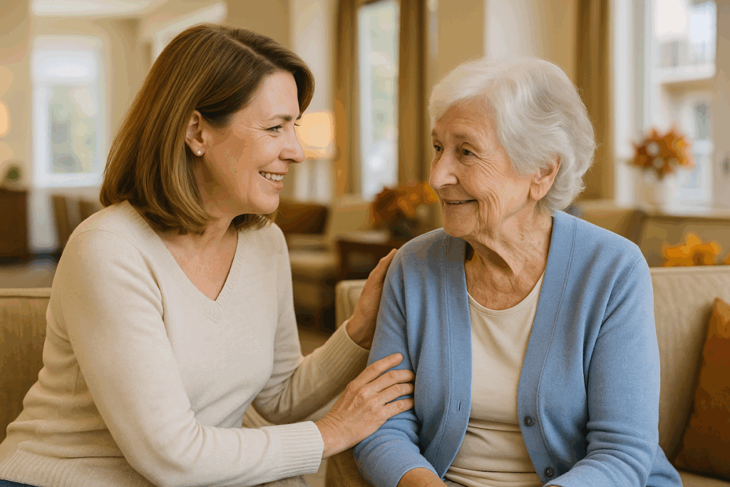 Adult daughter having a caring conversation with her elderly mother in a bright, modern assisted living facility discussing health concerns and care options