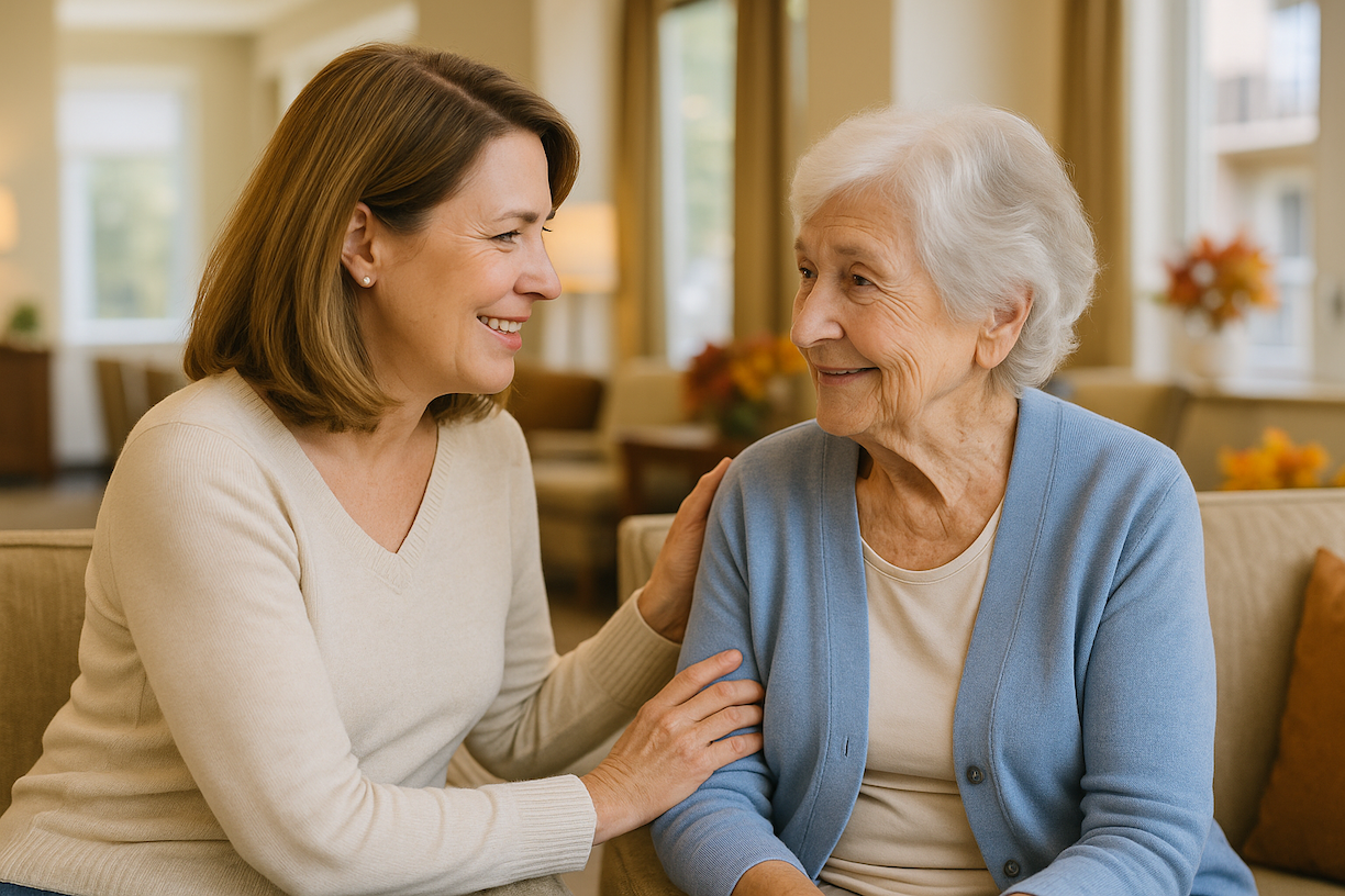 Adult daughter having a caring conversation with her elderly mother in a bright, modern assisted living facility discussing health concerns and care options