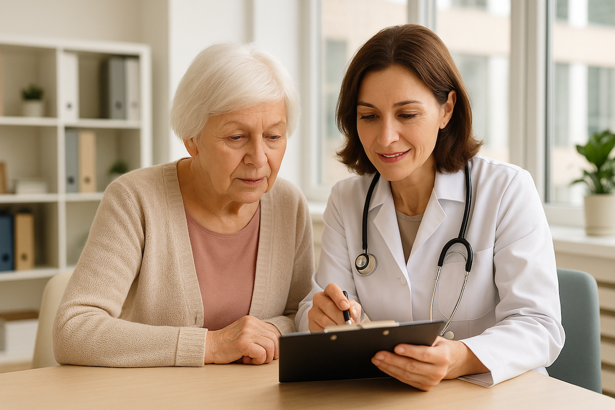 Compassionate doctor or healthcare professional having supportive conversation with elderly woman during memory evaluation in bright medical office
