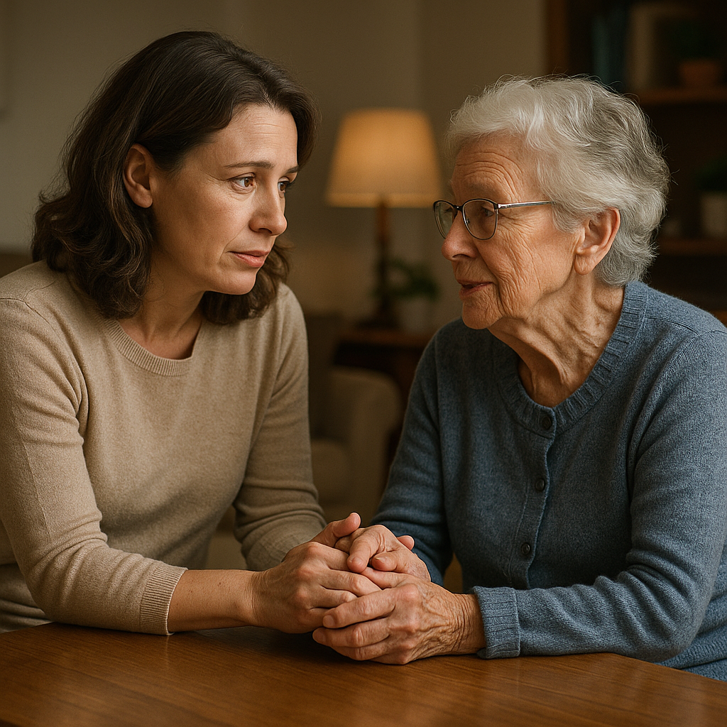 Concerned adult daughter sitting with elderly mother looking at photo album together discussing memory concerns in comfortable home setting
