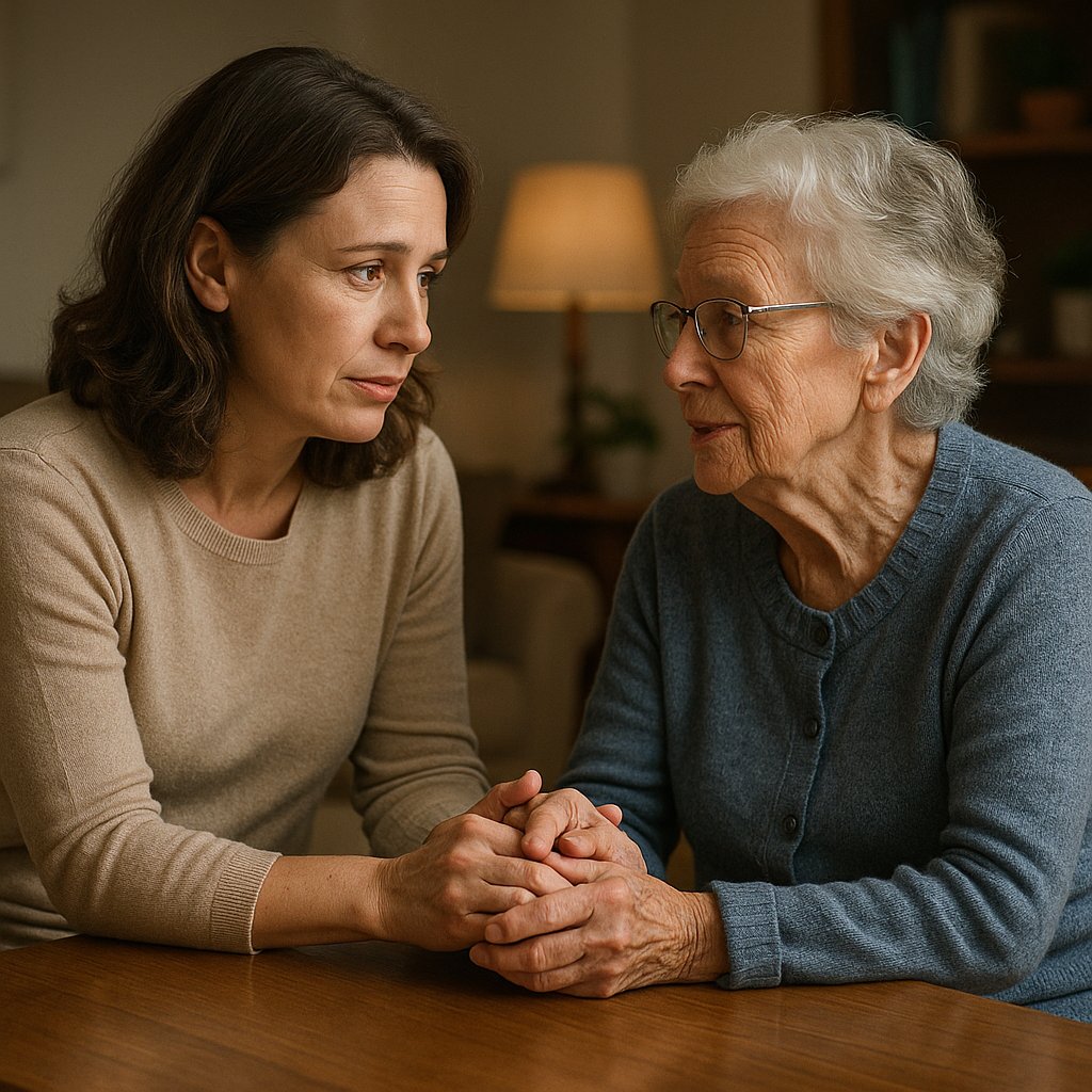 Concerned adult daughter sitting with elderly mother looking at photo album together discussing memory concerns in comfortable home setting