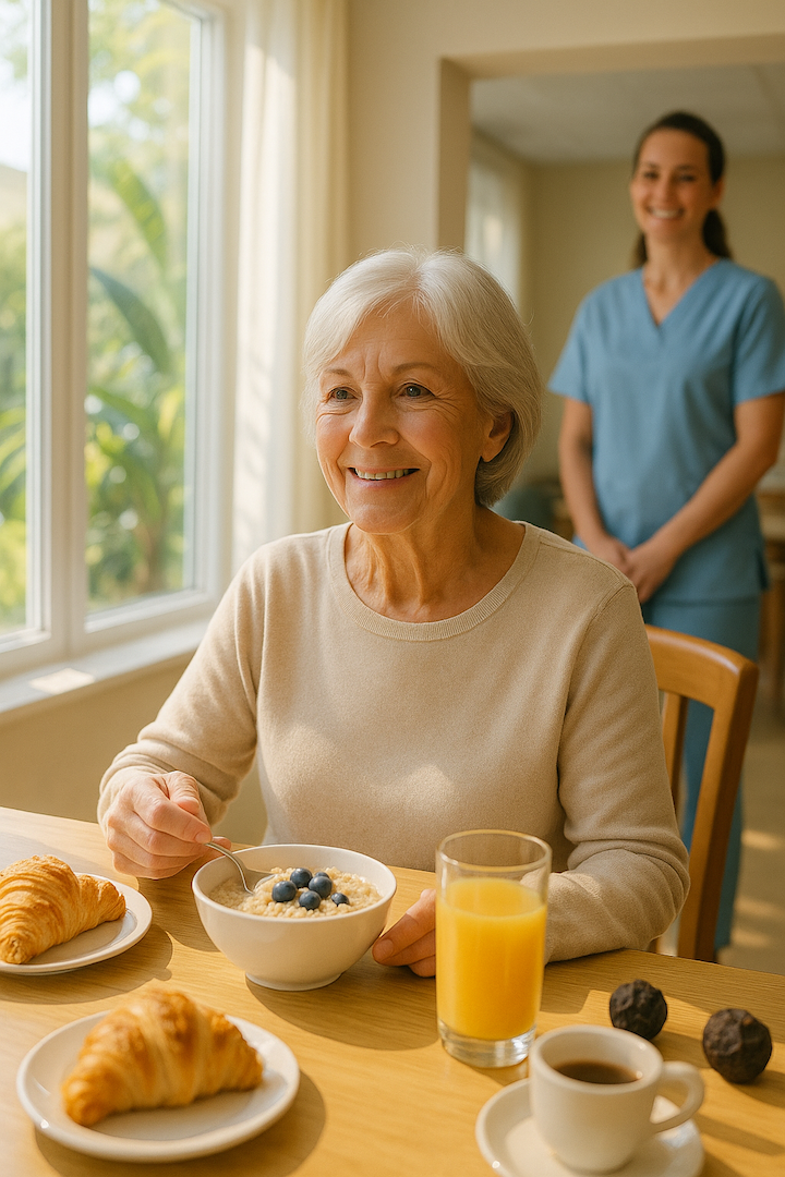 Senior woman enjoying breakfast in a sunny memory care dining room with caregiver support, illustrating the importance of daily routine for dementia care