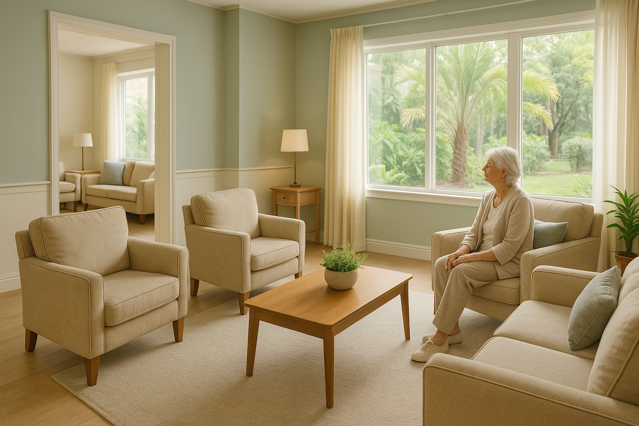 Serene memory care living space with natural light, comfortable furniture, and garden views designed to support calm and comfort for seniors with dementia