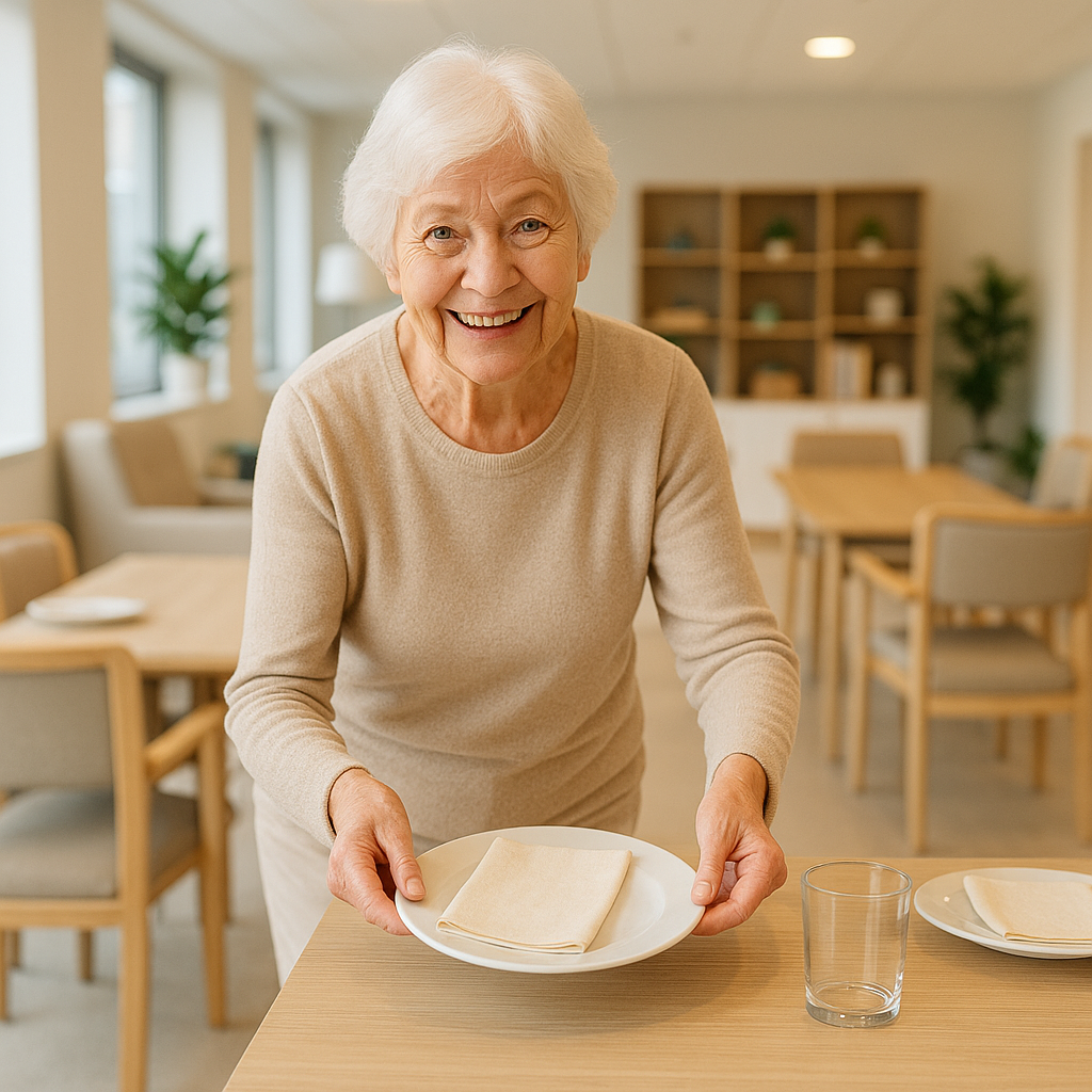 Elderly memory care resident participating in purposeful daily activities with engaged, happy expression