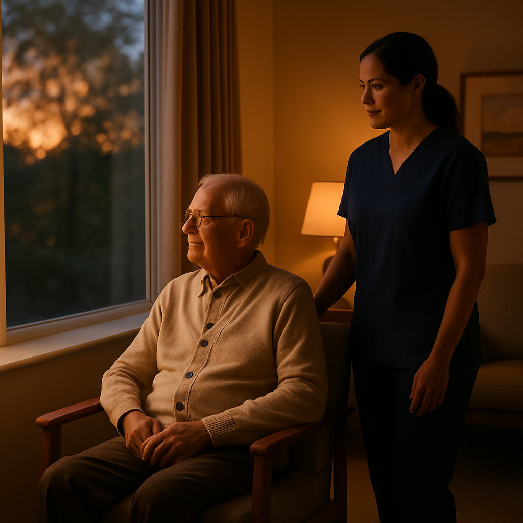 Calm evening scene in memory care illustrating proper lighting and support during sundowning hours for seniors with dementia