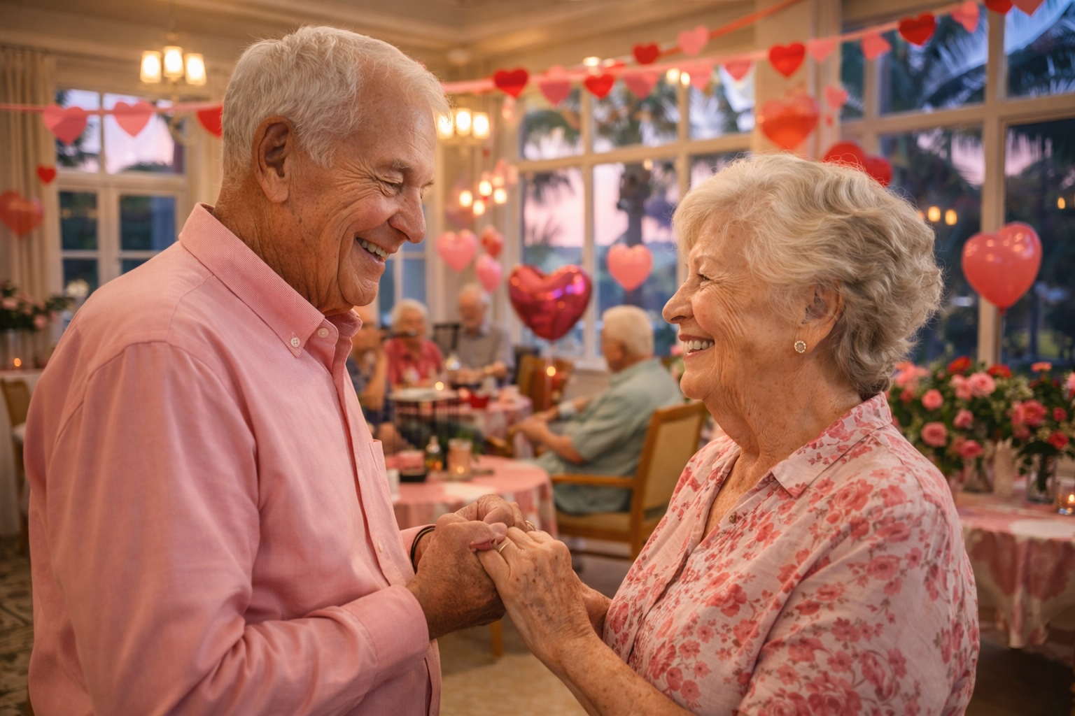 Elderly couple holding hands and celebrating Valentine's Day together in South Florida senior living community, surrounded by festive decorations and friends
