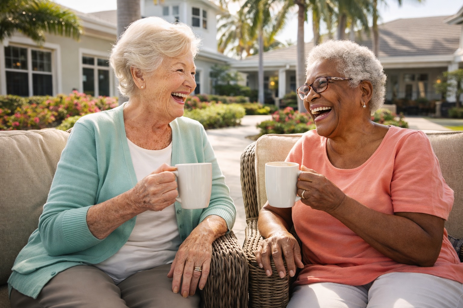 Two senior women enjoying coffee and conversation on sunny patio in South Florida assisted living community, illustrating friendship and social connection