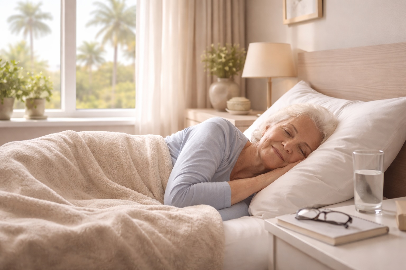 Senior woman sleeping peacefully in comfortable assisted living bedroom with morning light and calm atmosphere illustrating quality rest