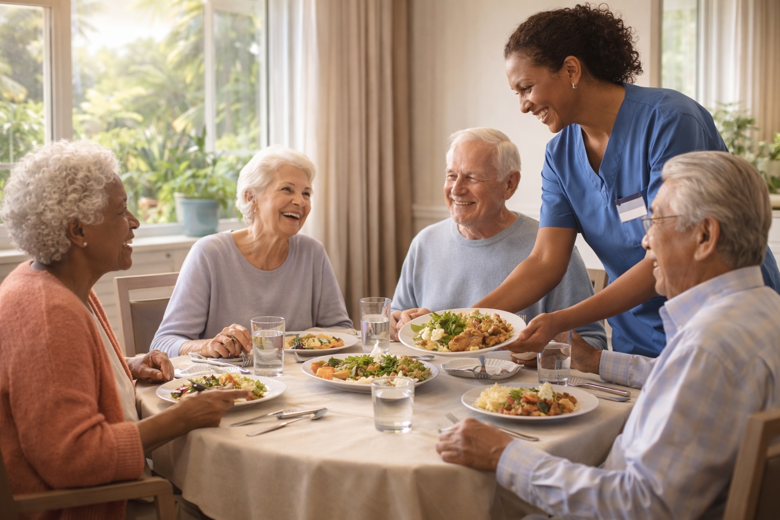 Seniors enjoying meal together in assisted living dining room, illustrating social connection and community through shared dining experience