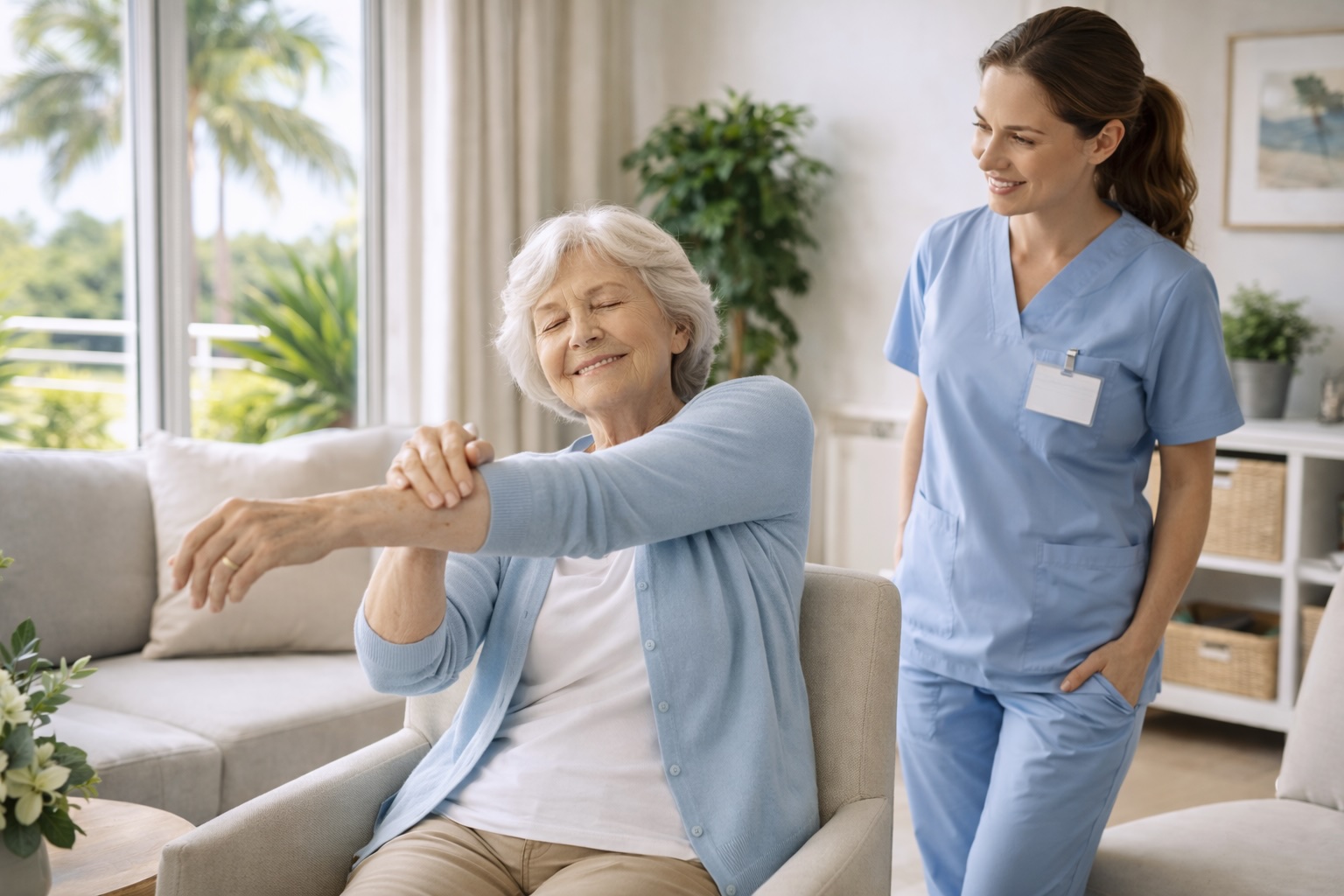 Physical therapist watches on as woman in chair stretches her arm, working to manage chronic pain