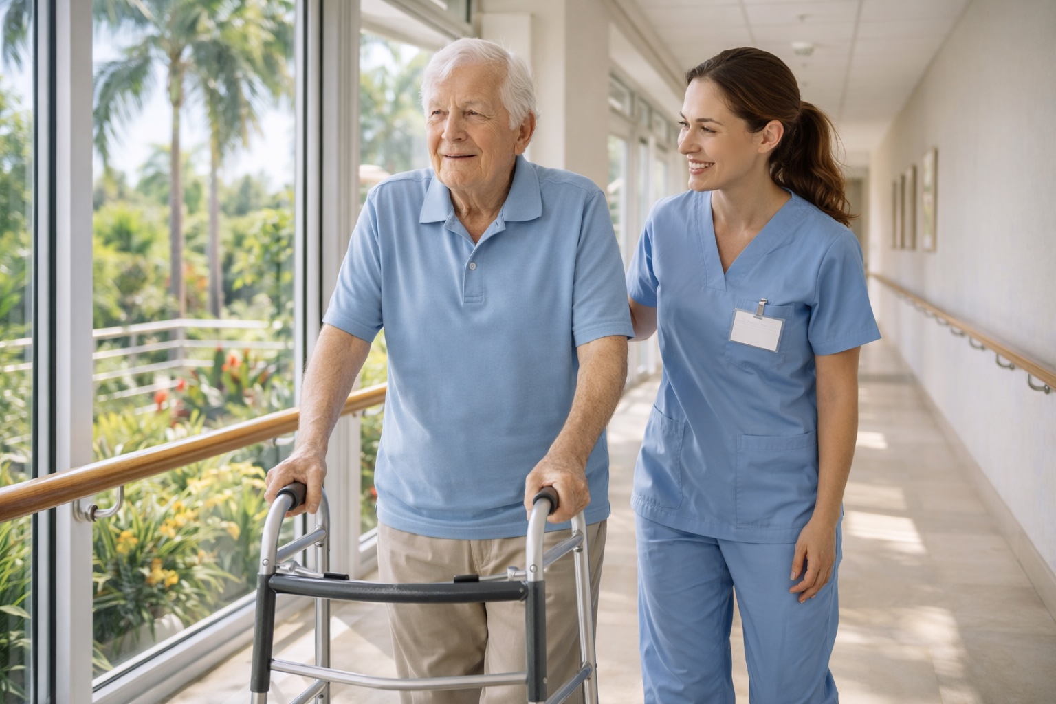 Senior man walking confidently with walker and physical therapist support in assisted living, illustrating mobility therapy and fall prevention