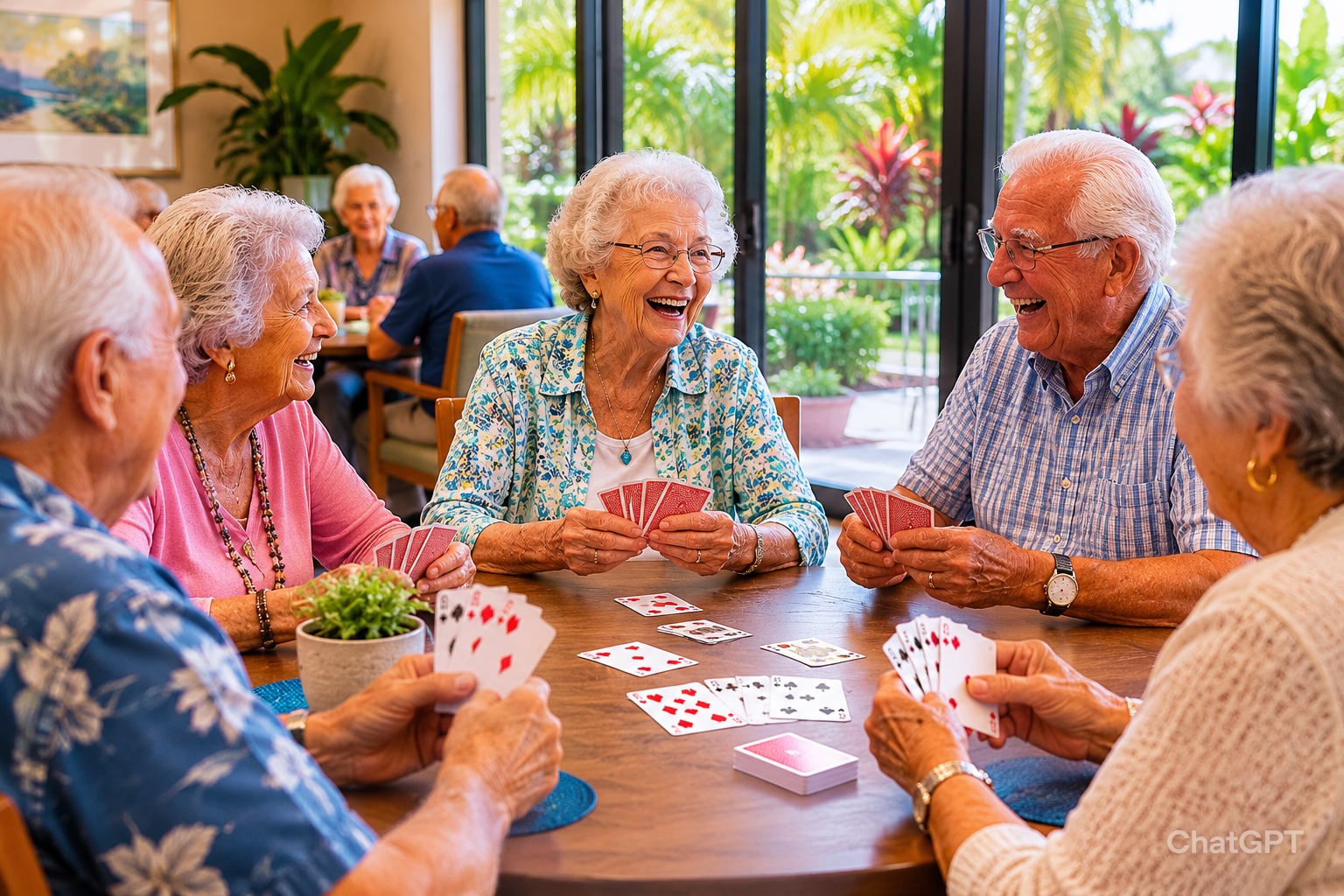 Seniors enjoying mentally stimulating card game together in bright South Florida assisted living community, illustrating brain health and social engagement