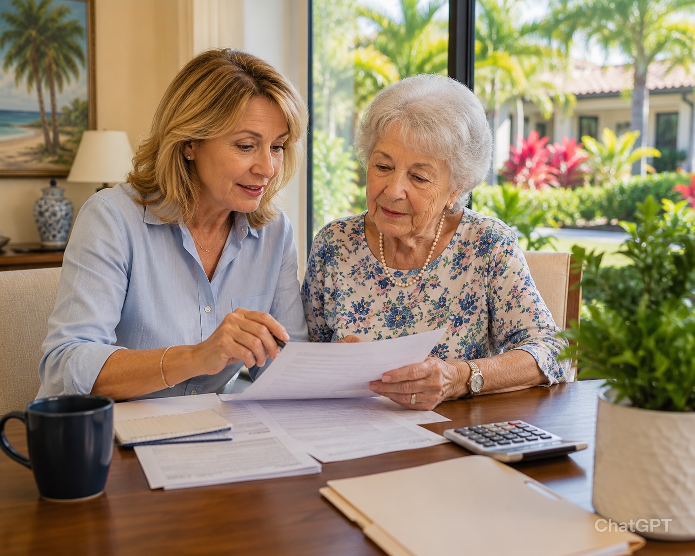 Adult daughter helping elderly mother review assisted living paperwork together in calm South Florida setting, illustrating financial planning for senior care