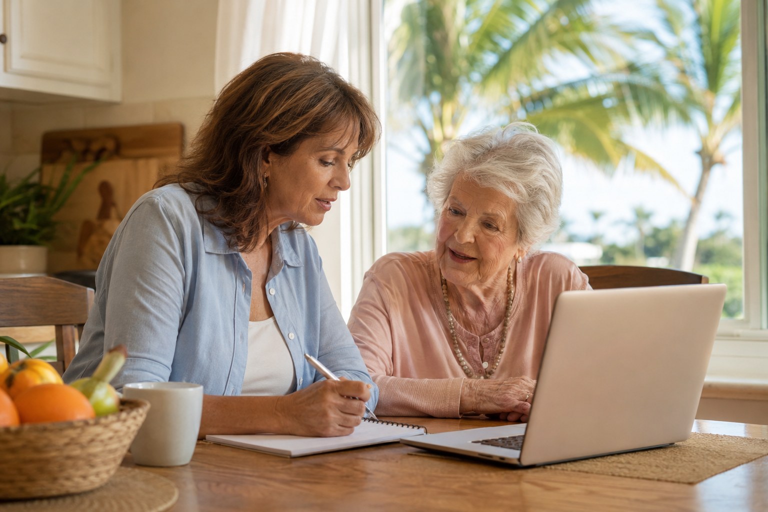 Adult daughter and aging mother discussing senior living options together at home