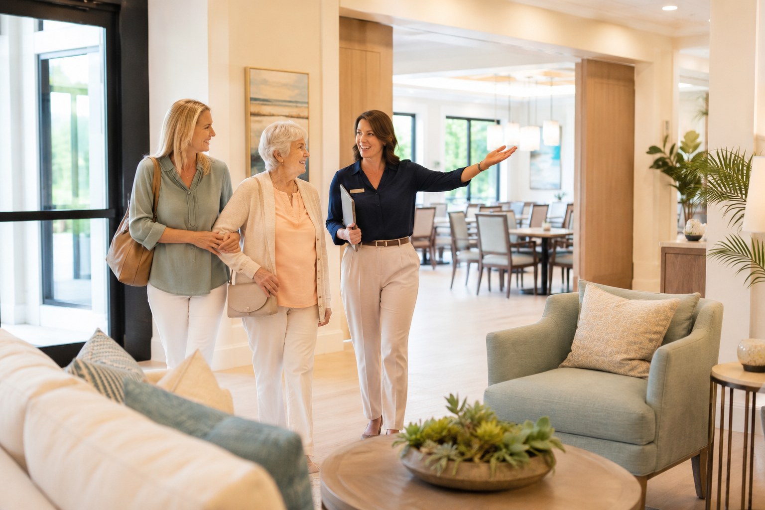 Family touring a senior living community with a staff guide in a bright welcoming lobby