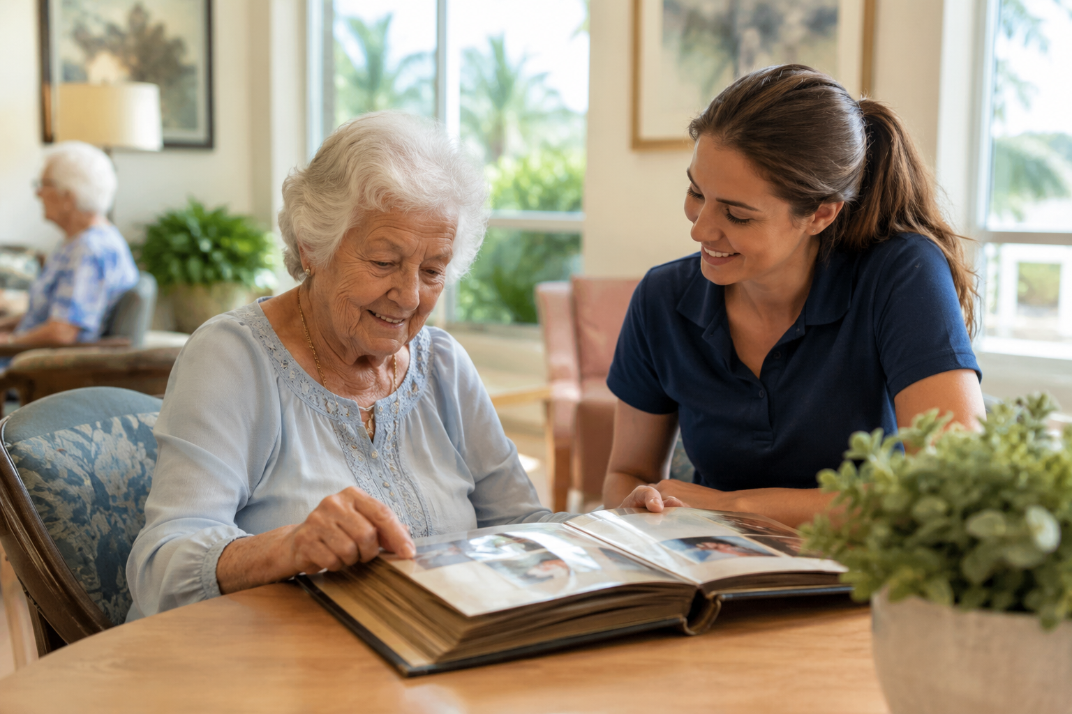 Senior woman looking through a family photo album with a caregiver in a memory care community common area