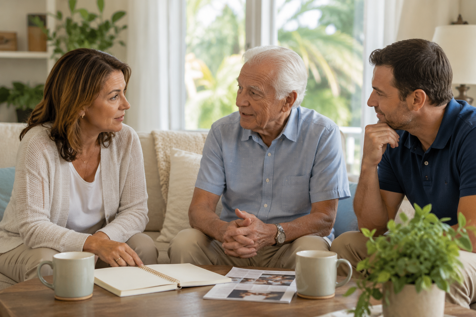 Family members reviewing senior living options together at home