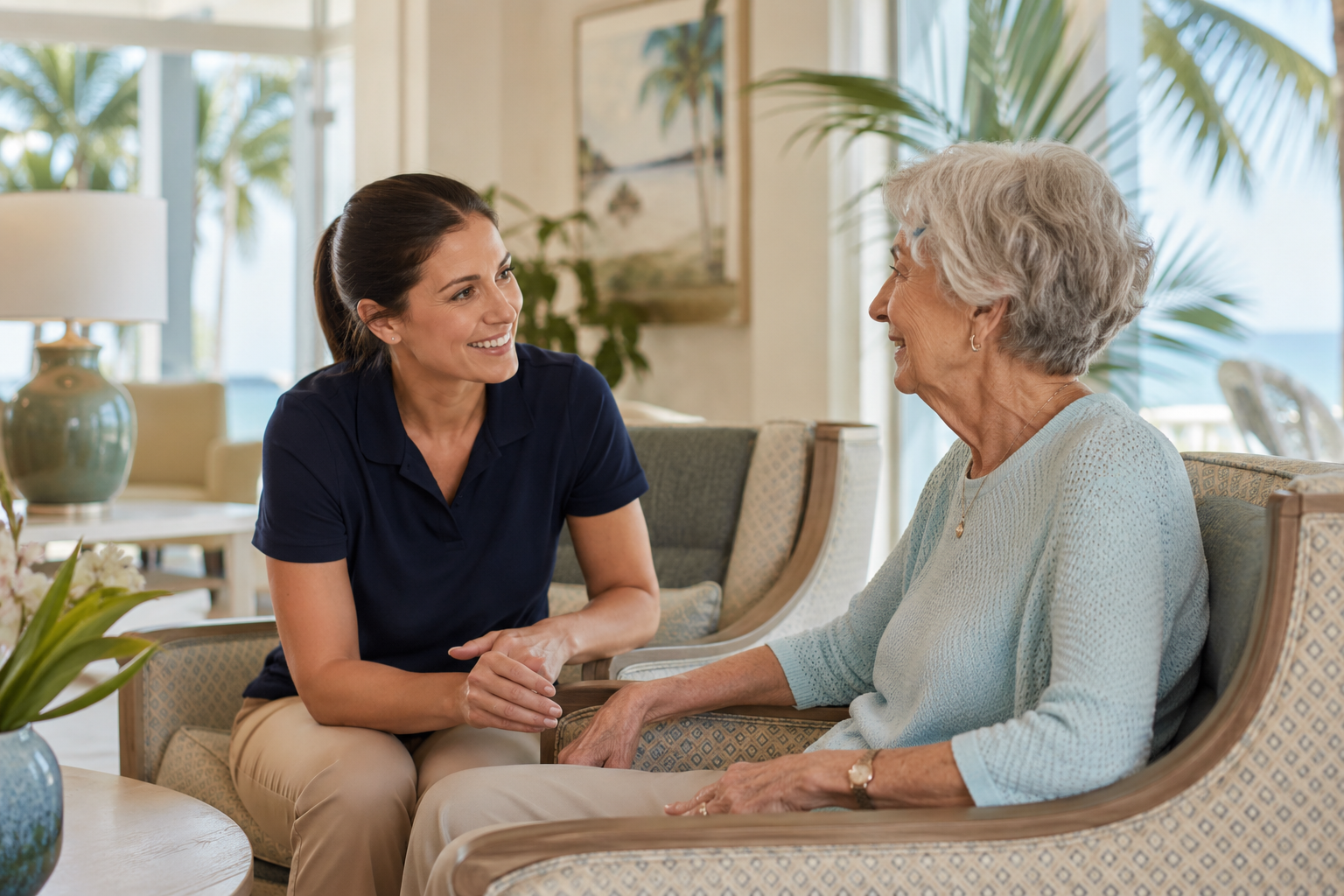 Senior living staff member listening attentively to a resident in a bright community lounge