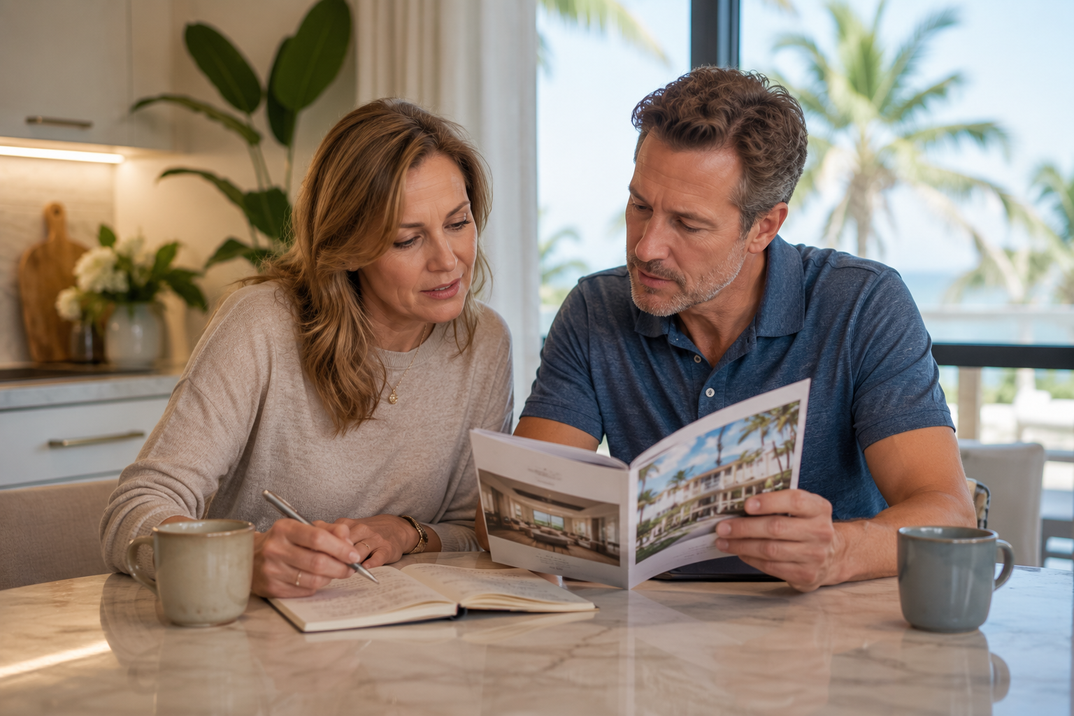 Adult siblings reviewing notes and a community brochure at home after a senior living tour