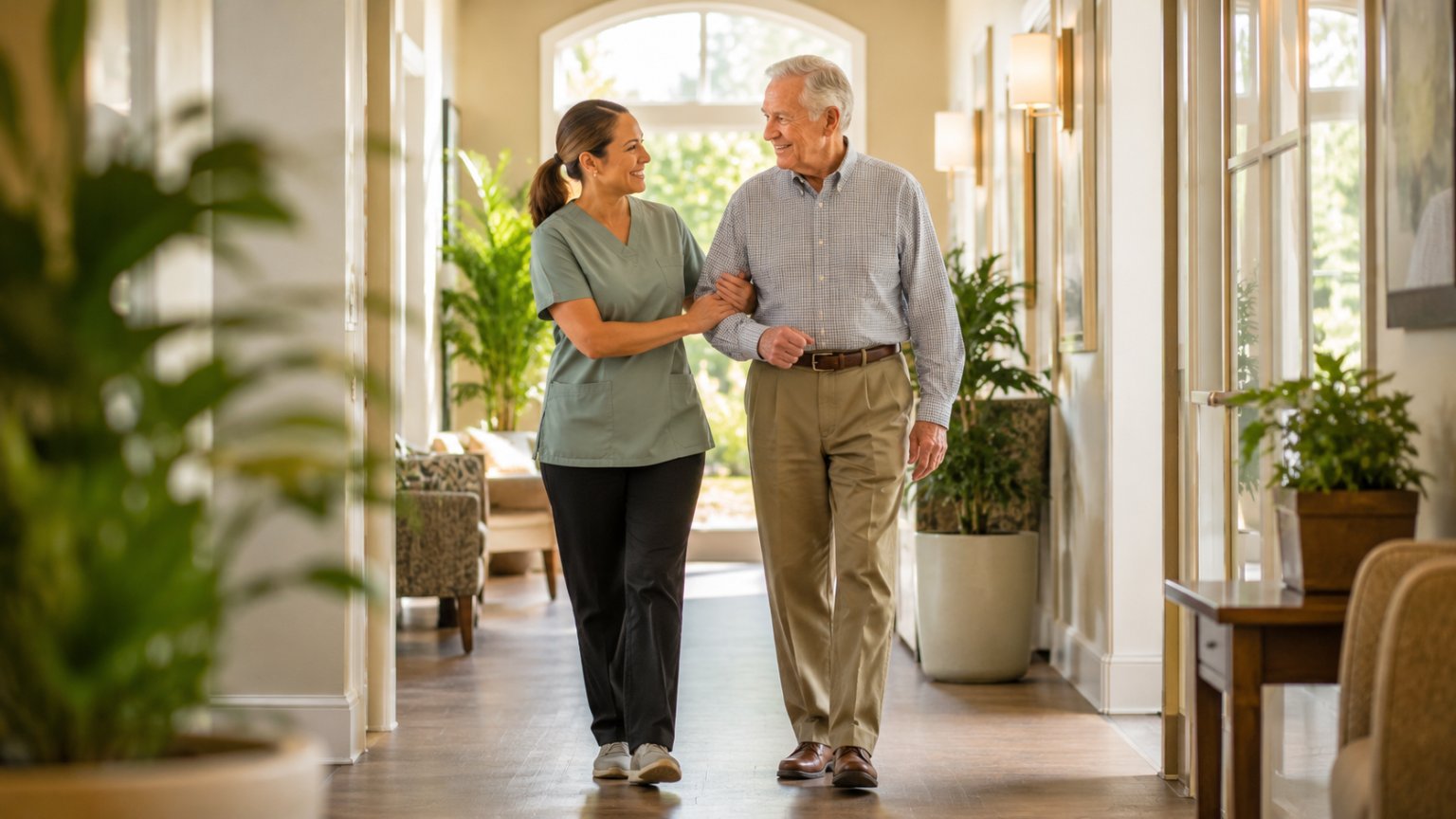 Caregiver supporting an assisted living resident as he walks down a bright hallway