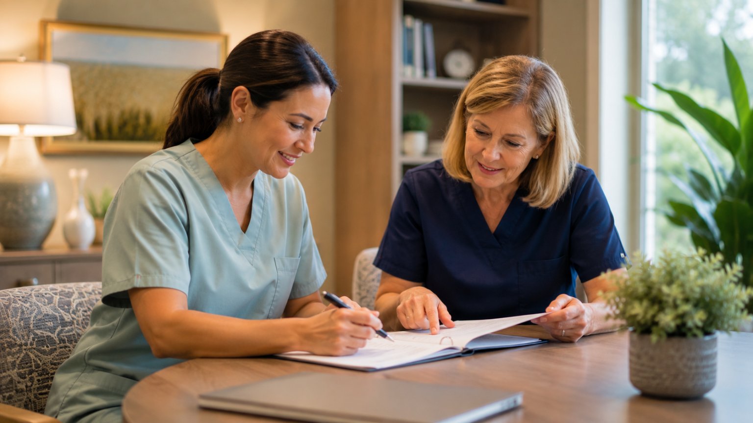 Assisted living care team reviewing and updating a resident's individualized care plan