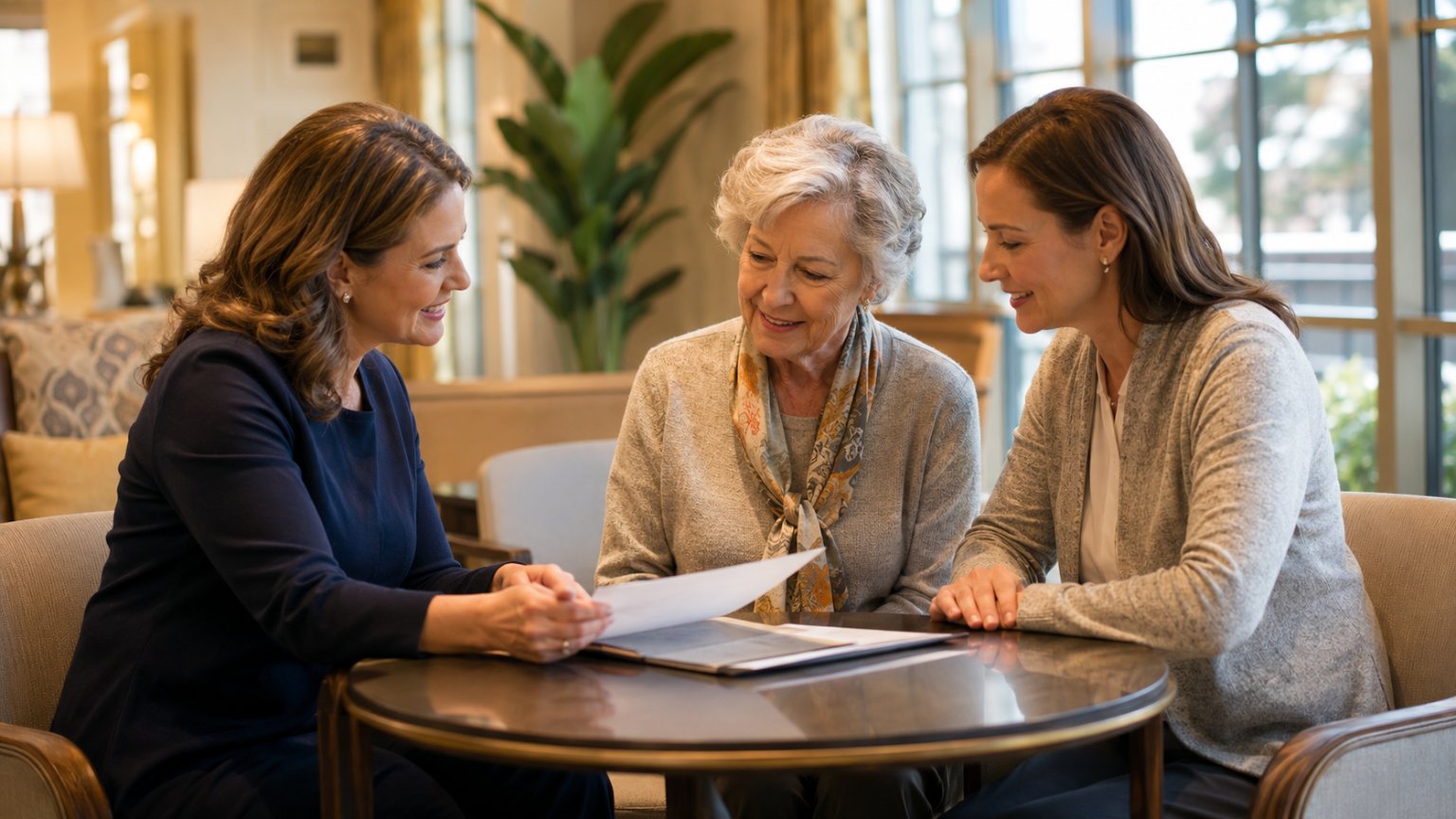 Care coordinator reviewing an individualized care plan with a resident and her daughter