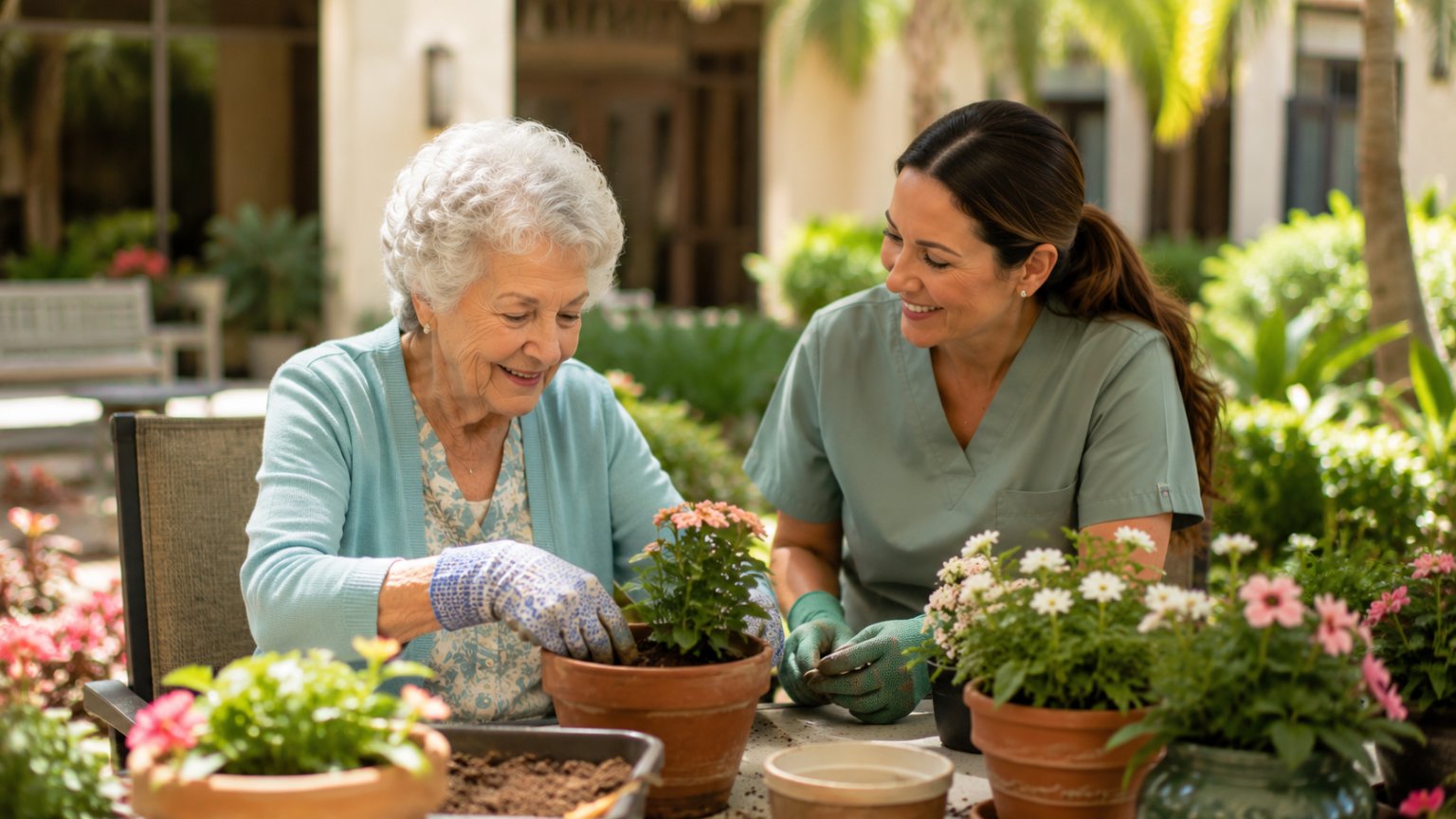 Memory care resident potting plants in a secured courtyard with a caregiver nearby