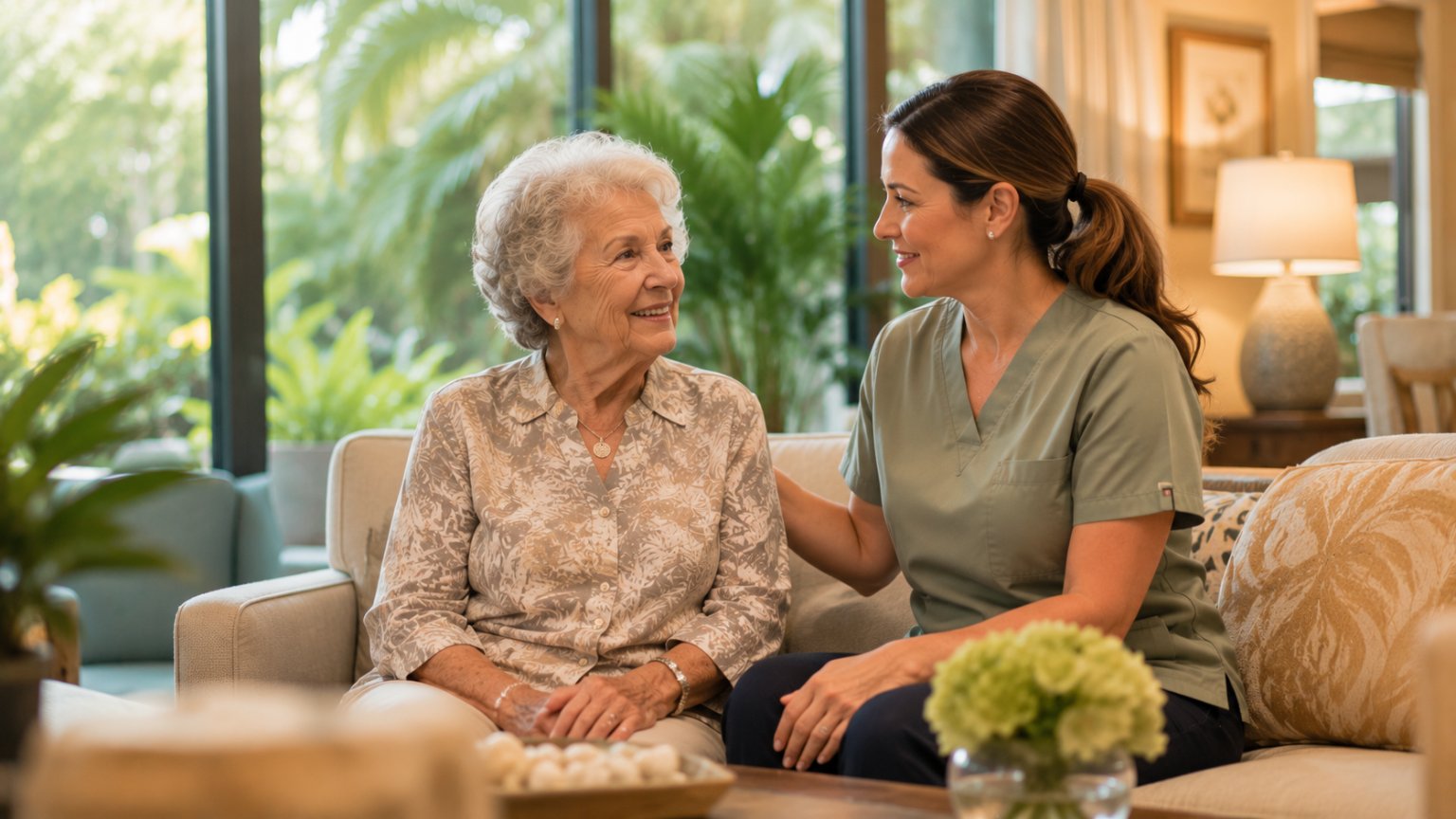 Trained caregiver sitting with a resident in a secured memory care community in Boynton Beach